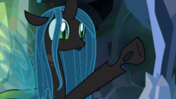 Size: 800x450 | Tagged: safe, screencap, ocellus, queen chrysalis, smolder, changedling, changeling, changeling queen, dragon, what lies beneath, animated, cave, clapping, crossed arms, disguise, disguised changeling, dragoness, duo, eyes closed, female, happy, magic, shapeshifting, smiling, transformation
