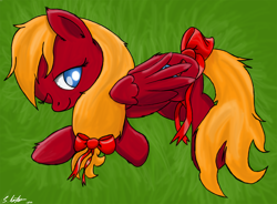 Size: 2000x1468 | Tagged: safe, artist:bigshot232, oc, oc only, oc:lazy bows, pegasus, pony, grass, lying down, on side, sleepy, solo