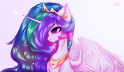 Size: 3176x1849 | Tagged: safe, artist:shenki, derpibooru import, princess celestia, alicorn, pony, beautiful, crown, digital art, hair over one eye, jewelry, regalia, solo