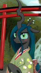 Size: 1080x1920 | Tagged: safe, artist:neoshrek, queen chrysalis, changeling, changeling queen, blushing, changelings in the comments, clothes, cute, cutealis, female, kimono (clothing), solo, torii