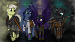 Size: 5760x3240 | Tagged: safe, artist:pantzar, oc, oc only, oc:lunar remedy, oc:mir, oc:prancing jape, oc:simo, fallout equestria, mirmo