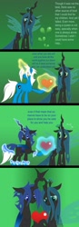 Size: 447x1280 | Tagged: safe, artist:somashield, queen chrysalis, oc, oc:soma, changeling, changeling queen, pony, unicorn, a better ending for chrysalis, blue changeling, canon x oc, changelingified, comic, digital art, female, horn, male, species swap, text, transformation, wings