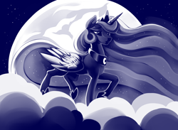 Size: 2000x1464 | Tagged: safe, artist:dimfann, princess luna, alicorn, pony, cloud, full moon, lidded eyes, looking down, monochrome, moon, night, night sky, raised hoof, sad, solo, sparkling, stars, walking