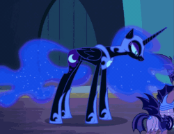 Size: 709x548 | Tagged: safe, screencap, nightmare moon, alicorn, pony, the cutie re-mark, animated, cropped, cute, ethereal mane, evil, evil laugh, female, gif, laughing, long legs, majestic, mare, night guard, skinny, starry mane