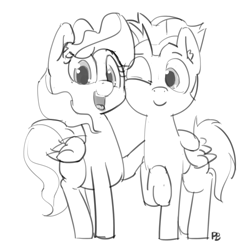 Size: 1280x1283 | Tagged: safe, artist:pabbley, sky stinger, vapor trail, pegasus, pony, top bolt, ear fluff, female, grayscale, hug, male, mare, monochrome, one eye closed, open mouth, raised hoof, simple background, smiling, stallion, white background