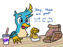 Size: 745x558 | Tagged: safe, artist:jargon scott, gallus, bird, chicken, griffon, carnivore, chicken meat, chicken nugget, cute, dialogue, dipping sauce, drink, food, gallabetes, gallus the rooster, griffons doing griffon things, male, meat, simple background, soda, solo jazz, this will not end well, white background