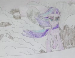 Size: 1395x1076 | Tagged: safe, artist:myoozik, derpibooru exclusive, derpibooru import, starlight glimmer, pony, unicorn, the ending of the end, avalanche, badass, blue eyes, cloud, female, fight, frown, implied chrysalis, mare, mountain, photo, rock, scene interpretation, sketchbook, snow, snowy mountain, stone, traditional art, walking, walking away, windswept mane