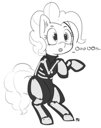 Size: 1280x1620 | Tagged: safe, artist:pabbley, pinkie pie, earth pony, pony, bodysuit, clothes, costume, monochrome, simple background, skeleton costume, solo, white background