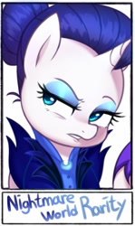 Size: 683x1147 | Tagged: safe, artist:maren, rarity, pony, unicorn, alternate timeline, bust, clothes, eyeshadow, makeup, night maid rarity, nightmare takeover timeline, solo, text