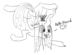 Size: 2999x2261 | Tagged: safe, artist:pabbley, queen chrysalis, changeling, changeling queen, to where and back again, adoracreepy, contortionist, creepy, cute, cutealis, dialogue, flexible, heart, monochrome, queen twistalis, simple background, solo, white background