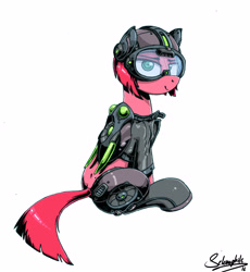 Size: 2641x2875 | Tagged: safe, artist:selenophile, oc, oc only, cyborg, clothes, cyberpunk, goggles, jacket, jetpack, lidded eyes, looking at you, looking back, sitting, solo