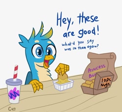 Size: 1308x1203 | Tagged: safe, artist:handgunboi, gallus, bird, chicken, griffon, burger king, cannibalism, cannibalism joke, carnivore, chicken meat, chicken nugget, cute, dialogue, dipping sauce, drink, food, gallabetes, gallus the rooster, griffons doing griffon things, implied cannibalism, male, meat, nugget, paper bag, redraw, simple background, soda, solo, table, this will not end well, white background, wood
