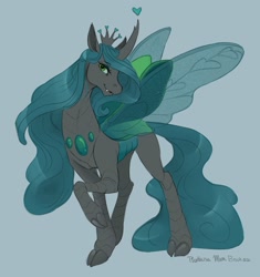 Size: 1966x2089 | Tagged: safe, artist:phathusa, queen chrysalis, changedling, changeling, changeling queen, cloven hooves, crown, dark changedling, fangs, female, green background, green eyes, heart, insect wings, jewelry, purified chrysalis, reformed, regalia, simple background, solo, wings