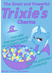 Size: 3218x4500 | Tagged: safe, artist:namelesshero2222, trixie, pony, unicorn, blue background, cereal, cereal box, female, food, looking at you, mare, simple background, smug, solo, vector