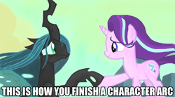 Size: 1280x707 | Tagged: safe, edit, edited screencap, screencap, queen chrysalis, starlight glimmer, changeling, changeling queen, pony, unicorn, to where and back again, a better ending for chrysalis, acceptance, adorkable, alternate ending, alternate scenario, alternate universe, anxiety, apology, awkward, breakdown, caption, character development, colored, cute, cutealis, defeated, dork, dorkalis, duo, fear, female, frown, good end, happy, image macro, mare, meme, meta, nervous, precious, redemption, reformed, regret, sad, sadorable, scene interpretation, silly, silly pony, smiling, sorry, text, unsure, what if