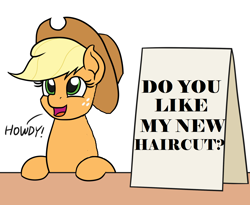 Size: 1100x900 | Tagged: safe, artist:mkogwheel edits, derpibooru import, edit, applejack, earth pony, pony, applejack's hat, applejack's sign, cowboy hat, haircut, hat, howdy, meme, question, text