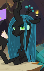 Size: 680x1080 | Tagged: safe, screencap, queen chrysalis, changeling, changeling queen, frenemies (episode), animated, better way to be bad, cropped, cupcake, eating, female, food, gif, reaction image, solo, surprised, surprised face