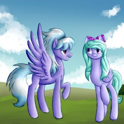 Size: 1024x1024 | Tagged: safe, artist:snowyflames, cloudchaser, flitter, pegasus, pony, female, hair bow, mare, smiling, wings