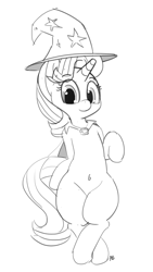 Size: 1086x1920 | Tagged: safe, artist:pabbley, starlight glimmer, pony, unicorn, accessory swap, belly button, bipedal, cute, female, glimmerbetes, looking at you, mare, monochrome, simple background, smiling, solo, the great and powerful, trixie's cape, trixie's hat, white background