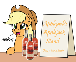 Size: 1100x900 | Tagged: safe, artist:mkogwheel edits, derpibooru import, edit, applejack, earth pony, pony, alcohol, applejack (drink), applejack's sign, bits, bottle, female, howdy, mare, meme, sale, selling, sign, text