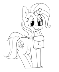 Size: 1280x1547 | Tagged: safe, artist:pabbley, trixie, pony, unicorn, to saddlebags and back again, to where and back again, cute, diatrixes, monochrome, mouth hold, saddle bag, simple background, solo, white background