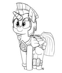 Size: 1280x1500 | Tagged: safe, artist:pabbley, twilight sparkle, twilight sparkle (alicorn), alicorn, pony, armor, athena sparkle, clothes, costume, cute, monochrome, simple background, solo, twiabetes, white background