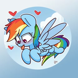 Size: 1500x1500 | Tagged: safe, artist:lou, derpibooru import, rainbow dash, pegasus, pony, blushing, cloud, cute, dashabetes, eye clipping through hair, female, heart, mare, solo, tongue out