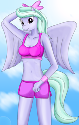 Size: 1000x1582 | Tagged: safe, artist:stratica, flitter, anthro, clothes, female, hair bow, solo