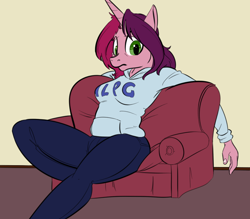 Size: 800x700 | Tagged: safe, artist:goat train, oc, oc only, oc:gloomy, anthro, unicorn, anthro oc, clothes, colored, giant anthro, hoodie, jeans, looking at you, macro, mlpg, plump, sofa, solo