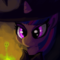 Size: 720x720 | Tagged: safe, artist:tjpones, twilight sparkle, pony, unicorn, dark, hat, skull, solo, witch, witch hat