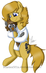 Size: 493x779 | Tagged: safe, artist:mariex911x, oc, oc only, oc:professoranna, oc:zeus, pony, baby, baby pony, clothes, cookie, cute, female, foal, lab coat, mare, microscope, mother, motherly, request, young