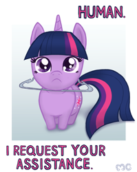 Size: 714x897 | Tagged: safe, artist:mcponyponypony, twilight sparkle, unicorn twilight, pony, unicorn, :c, behaving like a cat, chibi, clothes hanger, cute, female, frown, hnnng, horn, implied human, looking at you, looking up, mare, meme, parody, ponified animal photo, requested art, sad, sadorable, silly, silly pony, simple background, solo, stuck, sweet dreams fuel, twiabetes, twilight cat, weapons-grade cute, white background