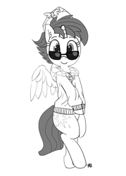 Size: 1280x1789 | Tagged: safe, artist:pabbley, twilight sparkle, twilight sparkle (alicorn), alicorn, pony, alternate hairstyle, bipedal, clothes, commander easy glider, jacket, looking at you, monochrome, punklight sparkle, simple background, solo, sunglasses, white background