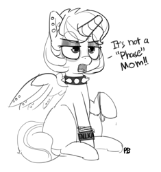 Size: 1280x1364 | Tagged: safe, artist:pabbley, princess flurry heart, alicorn, pony, bracelet, choker, dialogue, ear fluff, ear piercing, eyeshadow, grayscale, it's a phase, it's not a phase, jewelry, makeup, metallica, monochrome, older, open mouth, piercing, princess emo heart, punk, raised hoof, rebellious teen, simple background, sitting, solo, spiked choker, spread wings, teenage flurry heart, teenager, white background, wing piercing, wristband