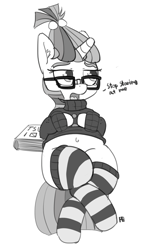 Size: 1169x1920 | Tagged: safe, artist:pabbley, moondancer, belly button, clothes, dialogue, monochrome, on back, simple background, socks, solo, striped socks, sweater, white background