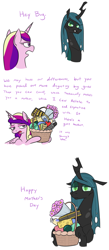 Size: 834x1910 | Tagged: safe, artist:jargon scott, princess cadance, queen chrysalis, alicorn, changeling, changeling queen, pony, awww, comic, cute, cutealis, dialogue, female, gift basket, implied chrysarmordance, implied shining armor, implied shipping, mare, mommy chrissy, mother's day