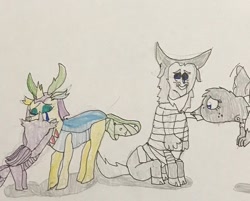 Size: 731x587 | Tagged: safe, artist:whistle blossom, lord tirek, queen chrysalis, oc, oc:exo the changeling, oc:gleema, centaur, changedling, changeling, changeling queen, griffon, a better ending for chrysalis, a better ending for tirek, alternate universe, bandage, changedling oc, changedling queen, changeling oc, cloven hooves, colored hooves, comforting, crying, cute, cutealis, eyes closed, female, flying, frown, griffon oc, male, mare, nose piercing, nose ring, piercing, princess chrysalis, purified chrysalis, reformed, sad, sadorable, simple background, teenager, tirebetes, traditional art, whistleverse, white background