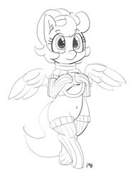 Size: 1280x1687 | Tagged: safe, artist:pabbley, oc, oc only, oc:quick draw, pegasus, pony, 30 minute art challenge, belly button, bipedal, clock, clothes, monochrome, simple background, socks, solo, spread wings, striped socks, white background