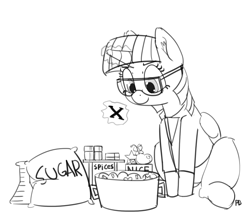 Size: 1280x1109 | Tagged: safe, artist:pabbley, twilight sparkle, twilight sparkle (alicorn), alicorn, pony, chemical x, clothes, crossover, everything nice, food, lab coat, monochrome, professor utonium, safety goggles, science, simple background, solo, spice (food), sugar (food), sugar spice and everything nice, the powerpuff girls, white background