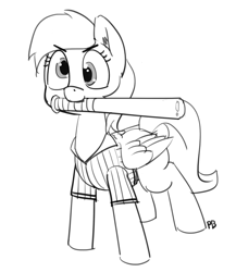 Size: 1280x1474 | Tagged: safe, artist:pabbley, derpy hooves, pegasus, pony, baseball bat, clothes, female, mare, monochrome, mouth hold, simple background, solo, uniform, white background