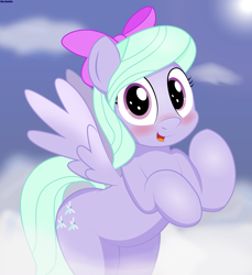 Size: 3900x4266 | Tagged: safe, artist:an-tonio, flitter, pegasus, pony, bipedal, blushing, bow, cloud, cute, female, flitterbetes, hair bow, mare, open mouth, solo