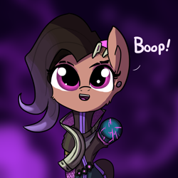 Size: 1280x1280 | Tagged: safe, artist:tjpones, pony, boop, clothes, dialogue, female, open mouth, overwatch, ponified, solo, sombra (overwatch)