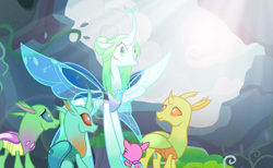 Size: 1280x786 | Tagged: safe, artist:thurder2020, axilla, clypeus, cornicle, queen chrysalis, changedling, changeling, changeling queen, a better ending for chrysalis, baby changeling, changedling queen, cute, cutealis, cuteling, female, hair bun, purified chrysalis, show accurate