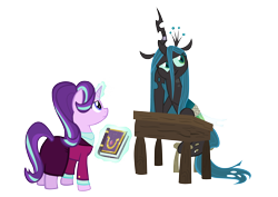 Size: 6256x4424 | Tagged: safe, artist:mr100dragon100, queen chrysalis, starlight glimmer, changeling, changeling queen, pony, unicorn, a better ending for chrysalis, book, bored, bound wings, cute, cutealis, desk, duo, duo female, female, glimmerbetes, horn, horn ring, levitation, magic, magic suppression, mare, older, older starlight glimmer, reformation, rope, simple background, stool, telekinesis, transparent background, wings