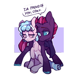 Size: 1227x1226 | Tagged: safe, artist:onionpwder, cozy glow, fizzlepop berrytwist, tempest shadow, pegasus, pony, unicorn, a better ending for cozy, broken horn, clothes, coat markings, cozybetes, cozylove, crying, cute, duo, eye scar, female, filly, horn, mare, open, raised hoof, redesign, sad, scar, scarf, simple background, sitting, smiling, tempestbetes, transparent background, unshorn fetlocks, when she smiles