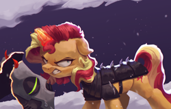 Size: 4000x2550 | Tagged: safe, artist:vanillaghosties, sunset shimmer, pony, unicorn, angry, armor, atg 2020, female, floppy ears, gritted teeth, helmet, magic, mare, mask, newbie artist training grounds, solo, sombra soldier