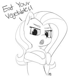 Size: 1280x1381 | Tagged: safe, artist:pabbley, fluttershy, pegasus, pony, crossed arms, dialogue, human shoulders, monochrome, simple background, solo, white background