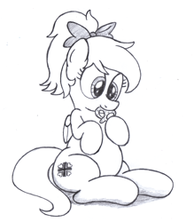 Size: 2100x2400 | Tagged: safe, artist:an-tonio, oc, oc only, oc:kyrie, aryan, aryan pony, belly, big belly, blonde, bow, chubby, commission, cute, eating, fat, food, grayscale, hair bow, iron cross, luftwaffe, monochrome, nazipone, nom, plump, pretzel, request, simple background, sitting, solo, weapons-grade cute, weight gain, white background