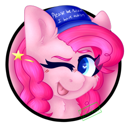 Size: 1600x1600 | Tagged: safe, artist:diantrex, derpibooru import, pinkie pie, earth pony, pony, :p, autism hat, headcanon, icon, one eye closed, please be patient i have autism, solo, tongue out, wink