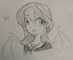 Size: 1265x1043 | Tagged: safe, artist:tjpones, sunset shimmer, vampire, equestria girls, bat wings, bleh, bust, dialogue, grayscale, monochrome, open mouth, portrait, solo, spread wings, traditional art